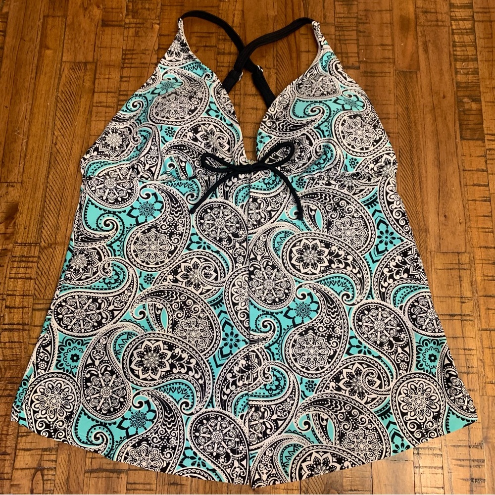Beach Diva Tankini Top Sz 12-14 Aqua Black Paisley Floral Beach Swimwear